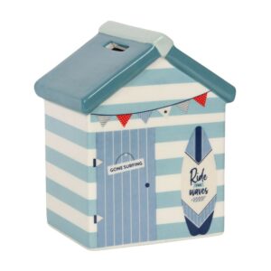 Beach hut shaped ceramic money box on white background