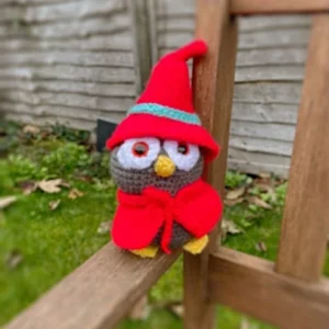 Twilight the Owl on a garden chair