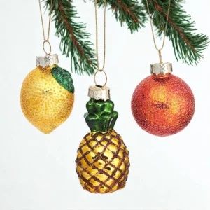 Mini Tropical Fruit Christmas Tree Decorations hanging on Christmas tree branches