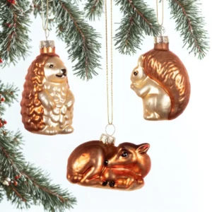 Woodland Creatures Christmas Baubles (Set of 3) hanging on a Christmas tree