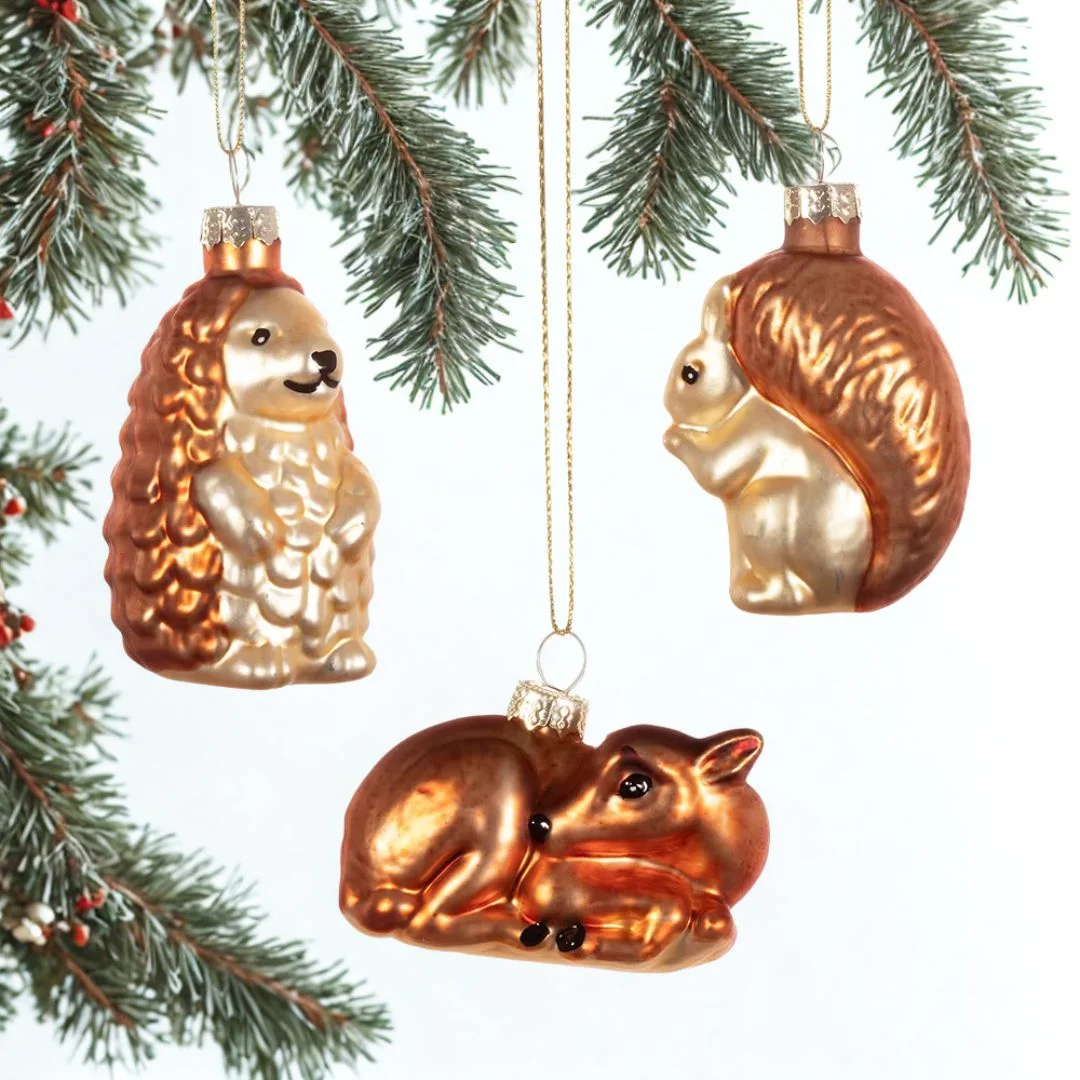 Woodland Creatures Christmas Baubles (Set of 3) hanging on a Christmas tree
